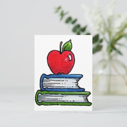 Buch und Apfel Postkarte (Stehend Vorderseite)