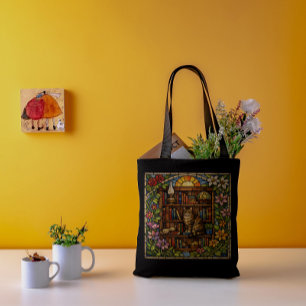 Buch- und Katzenliebhaber Faux-Buntglas Tasche