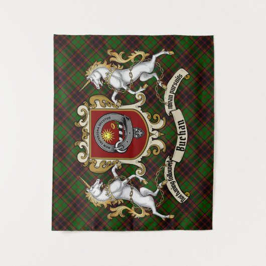 Buchan Clan Abzeichen & Unicorns w/Tartan Wandteppich (Vorderseite)