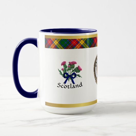 Buchanan Clan Abzeichen Tartan & Motto Tasse (Links)