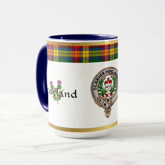 Buchanan Clan Abzeichen Tartan & Motto Tasse (Vorderseite Links)