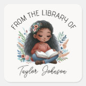 Buchaufkleber, Buchzeichen Custom Dark Haar Girl Quadratischer Aufkleber (Vorderseite)