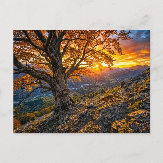 Buche am Hang mit Fuchs Postkarte (Vorderseite)