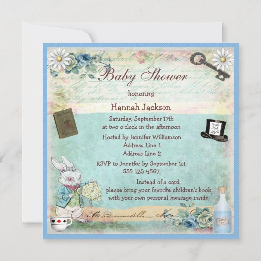 Buchen Sie eine Babydusche mit Alice im Wunderland Einladung (Rückseite)