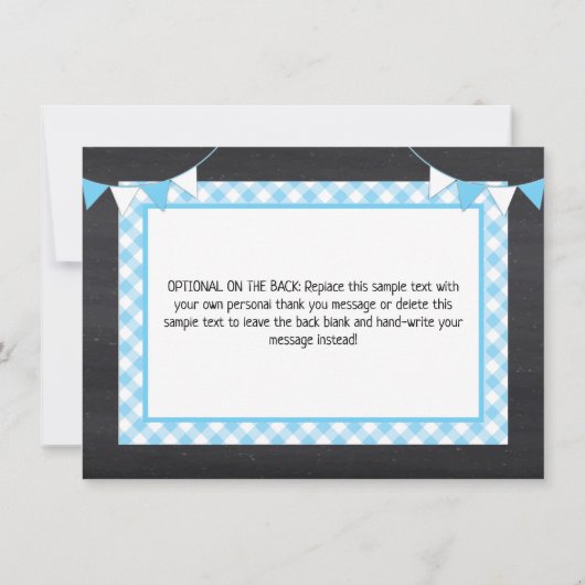 Buchen Sie im Oven BabyQ Baby Shower Blue Chalkboa Dankeskarte (Rückseite)