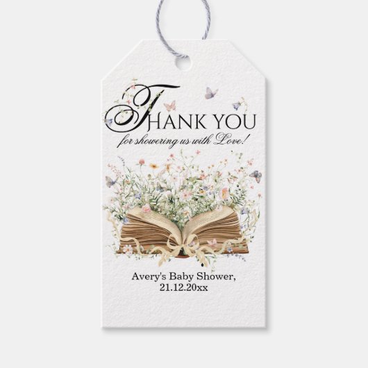 Buchen Sie Wildblume ein neues Kapitel Babydusche Geschenkanhänger (Vorderseite)