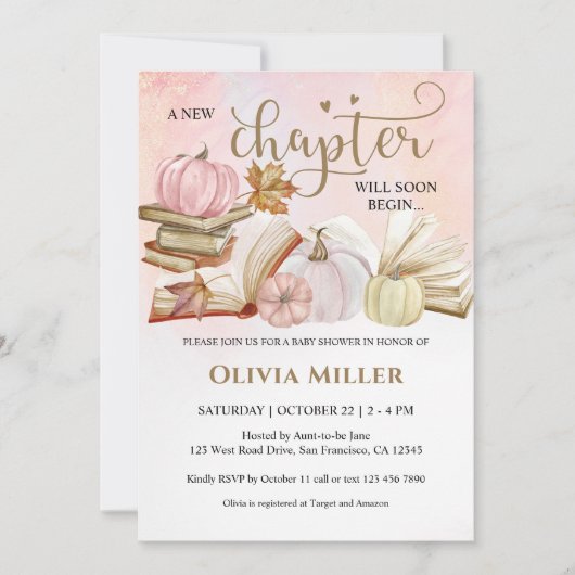 Buchen Thema Fall Pink Pumpkin Baby Dusche Einladung (Vorderseite)