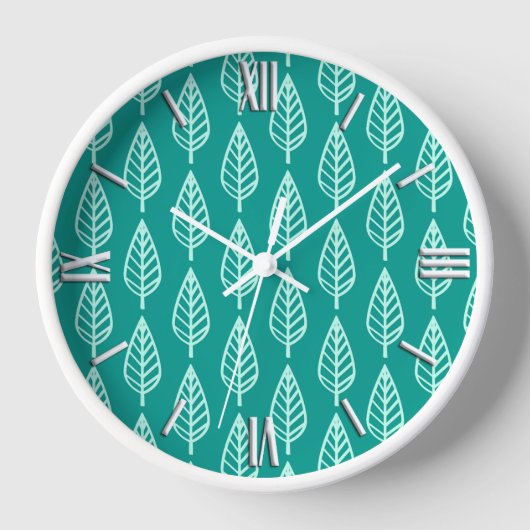 Buchenblattmuster - Pfau und Aqua Wanduhr (Vorderseite)