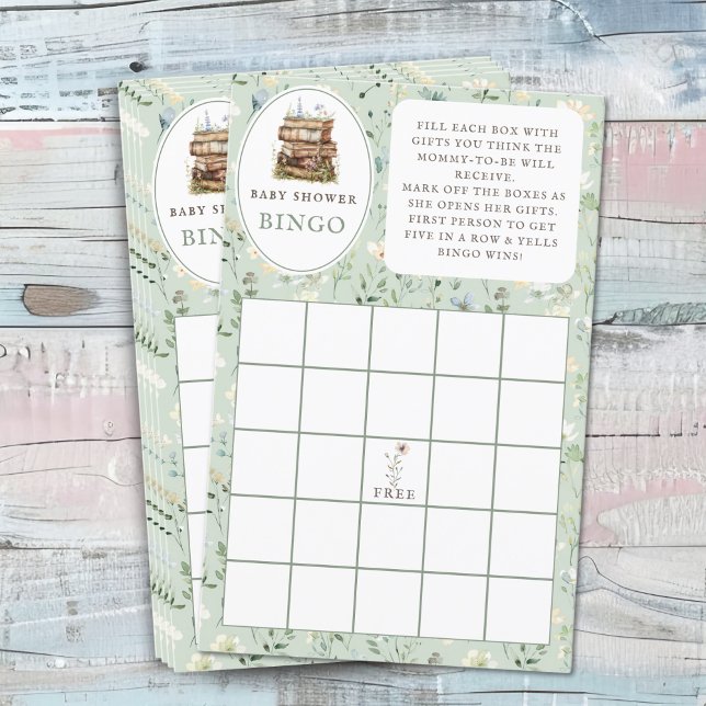 Bücher Babydusche 'Gift Bingo' Spielblatt (Fun baby shower game. Gift bingo for guests. sage green)