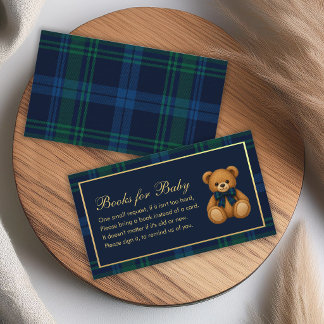 Bücher für Baby Shower Teddybär Blau Grün Kariert Visitenkarte