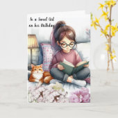 Bücher für Mädchen und Katzen zum Geburtstag Karte (Gelbe Blume)