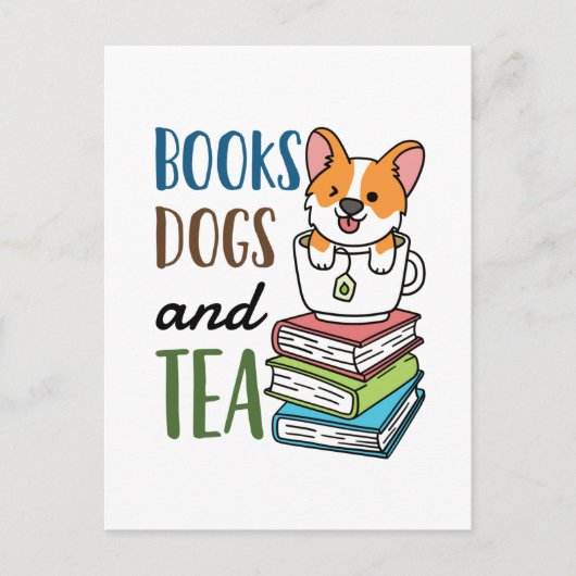 Bücher Hunde und Tee Wochenendlektüre Postkarte (Vorderseite)