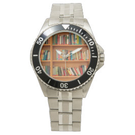 Bücher im Hintergrund der virtuellen Bibliothek Armbanduhr