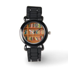 Bücher im Hintergrund der virtuellen Bibliothek Armbanduhr