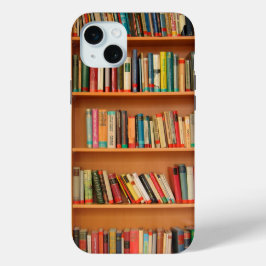 Bücher im Hintergrund der virtuellen Bibliothek iPhone 15 Mini Hülle