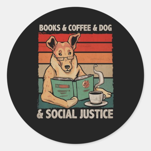 Bücher & Kaffee Hund soziale Gerechtigkeit Vintage Runder Aufkleber (Vorderseite)