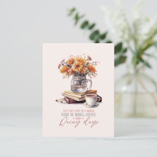 Bücher, Kaffee und Regentage Postkarte (Stehend Vorderseite)