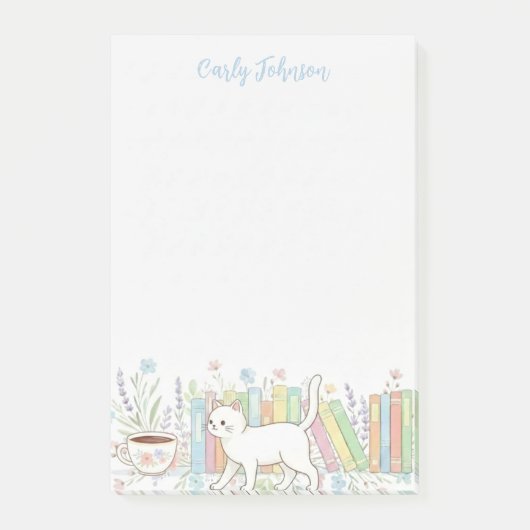 Bücher Katzen & Kaffee Floral Personalisiert Post-it Klebezettel (Vorderseite)