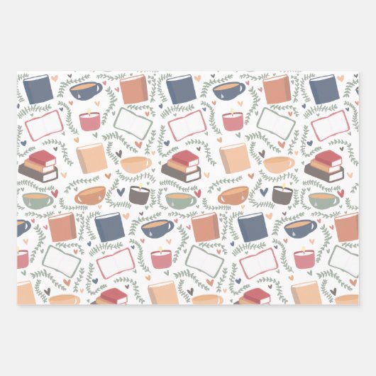 Bücher, Kerzen und Tee Geschenkpapier Set (Vorderseite)