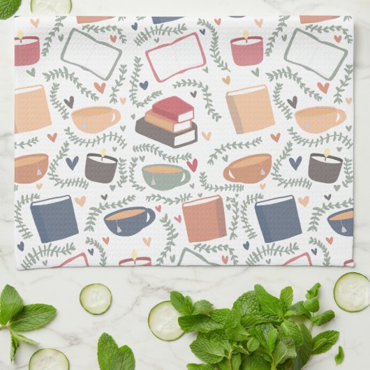 Bücher, Kerzen und Tee Geschirrtuch (Gefaltet)