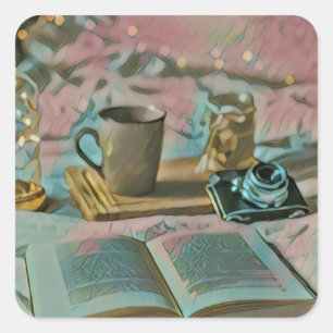 Bücher lesen, Kaffee trinken Quadratischer Aufkleber