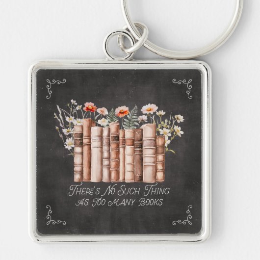 Bücher mit Blume und Zitat aus schwarzem Halbbrett Schlüsselanhänger (Vorne)