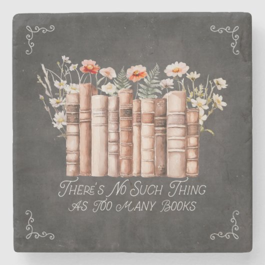 Bücher mit Blume und Zitat aus schwarzem Halbbrett Steinuntersetzer (Vorderseite)