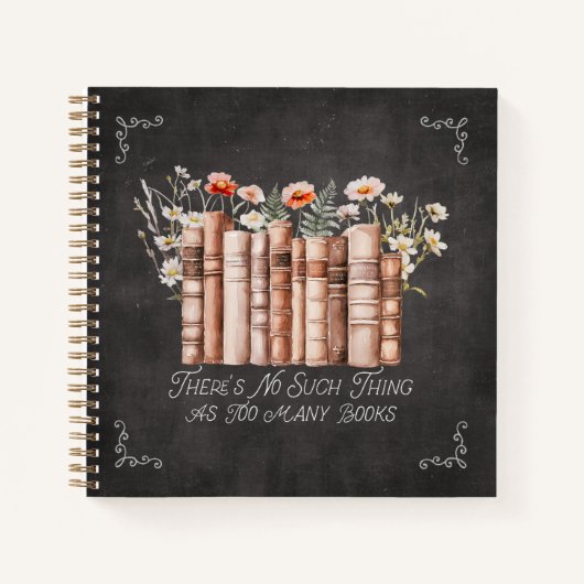 Bücher mit Blume und Zitat zum Black Notebook (Vorderseite)