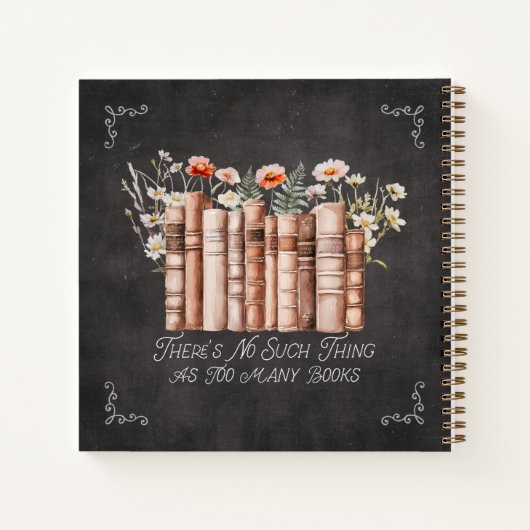 Bücher mit Blume und Zitat zum Black Notebook (Rückseite)