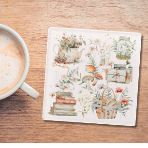 Bücher Mushroom Floral Whimsical Cottage Art Glasuntersetzer