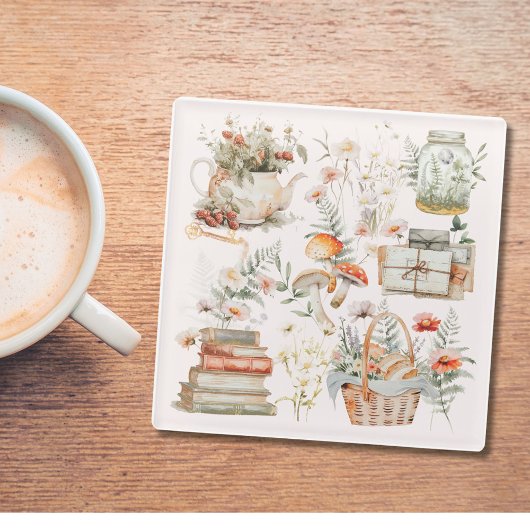 Bücher Mushroom Floral Whimsical Cottage Art Glasuntersetzer