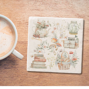 Bücher Pilz Floral Whimsical Cottagecore Kunst Steinuntersetzer