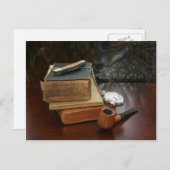 Bücher, Rohre, Pocket Watch und Messer Stillleben Postkarte (Vorne/Hinten)