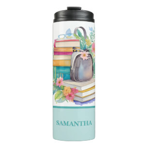Bücher Rucksack & Blumen Farbige Wasserfarbe Thermosbecher