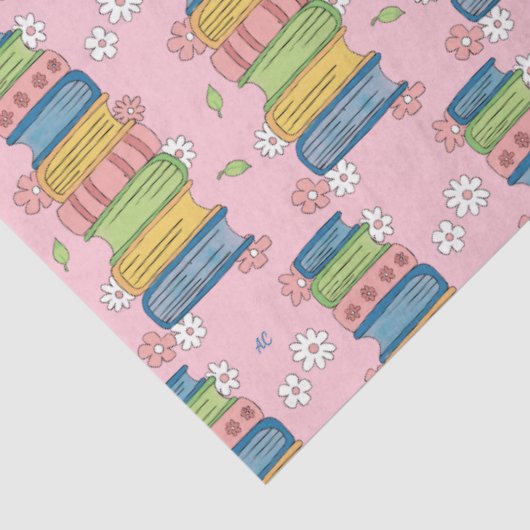 Bücher - Stapel und Blume - rosa Gewebe Seidenpapier (Ausschnitt)