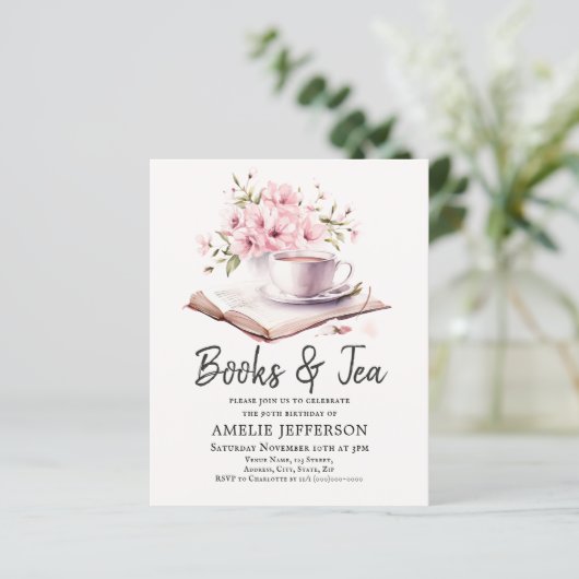 Bücher & Tee Einladung zum Geburtstag (Stehend Vorderseite)