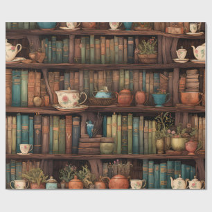 Bücher, Teekannen und Pflanzen auf Regalen Geschenkpapier