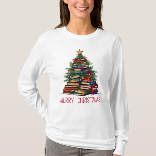 Bücher Tree Frohe Weihnachten langen Schlaf T-Shirt (Vorderseite)
