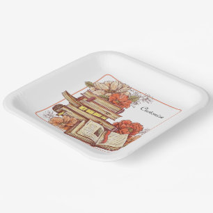 Bücher und Blume Pappteller