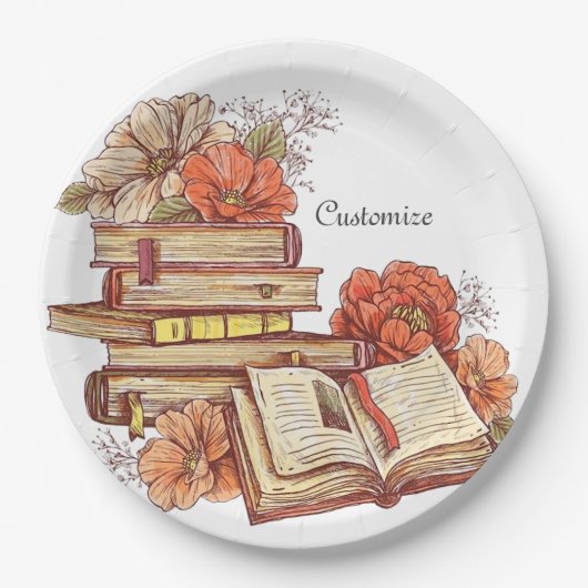 Bücher und Blume rund Pappteller (Vorderseite)