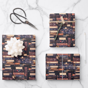 Bücher und Blumen auf Schwarz Geschenkpapier Set
