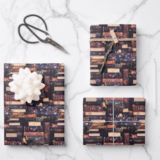 Bücher und Blumen auf Schwarz Geschenkpapier Set (Vorderseite)