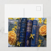Bücher und Blüten (blau & gelb) Postkarte (Vorne/Hinten)
