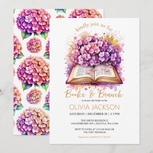 Bücher und Brunch Hydrangea Brautparty Einladung (Vorne/Hinten)
