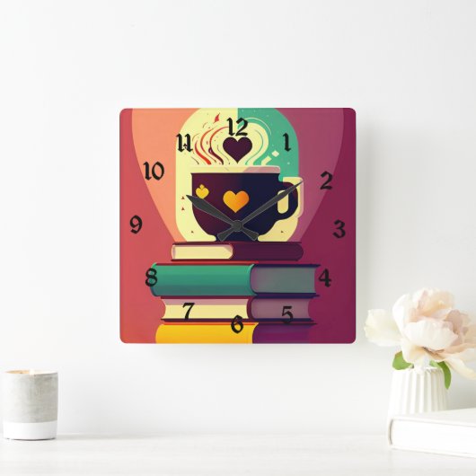 Bücher und Kaffee Quadratische Wanduhr (Zuhause)