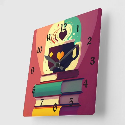 Bücher und Kaffee Quadratische Wanduhr (Winkel)