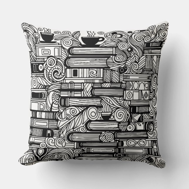 Bücher und Kaffeefarbe Ich Doodle Kissen (Vorderseite)