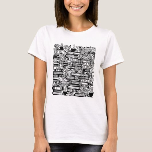 Bücher und Kaffeefarbe Ich Doodle T-Shirt (Vorderseite)