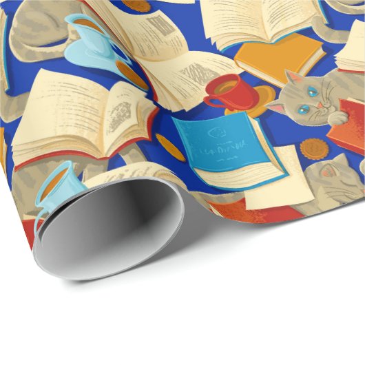 Bücher und Katzen auf blau Geschenkpapier (Rolleneckpunkt)