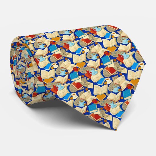 Bücher und Katzen auf blau Krawatte (Gerollt)